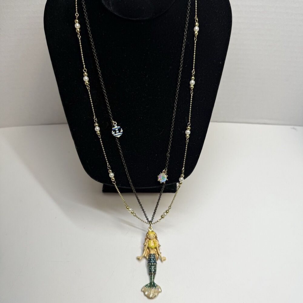 Betsey Johnson Long Double Chain Necklace With Enamel Mermaid Pendant
